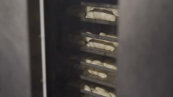 Process of Baking Tasty Croissants on Racks in Rotating Oven in a Bakery alt
