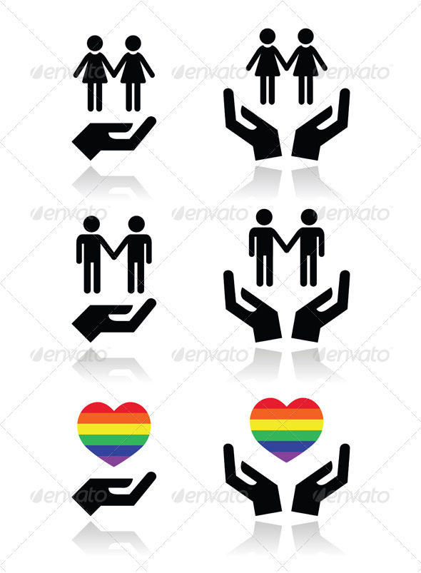 Gay and Lesbian Couples, Rainbow Flag with Hands - People Characters