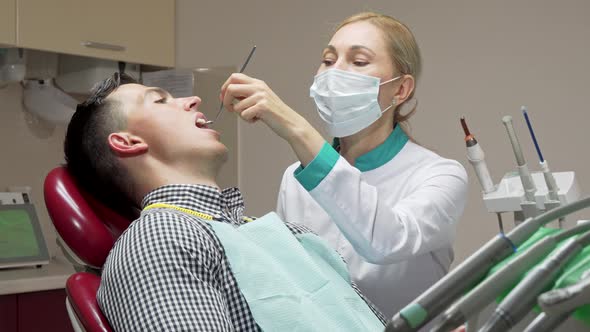 Female Dentist Examining Teeth of Her Patient, Working at Dental Clinic alt