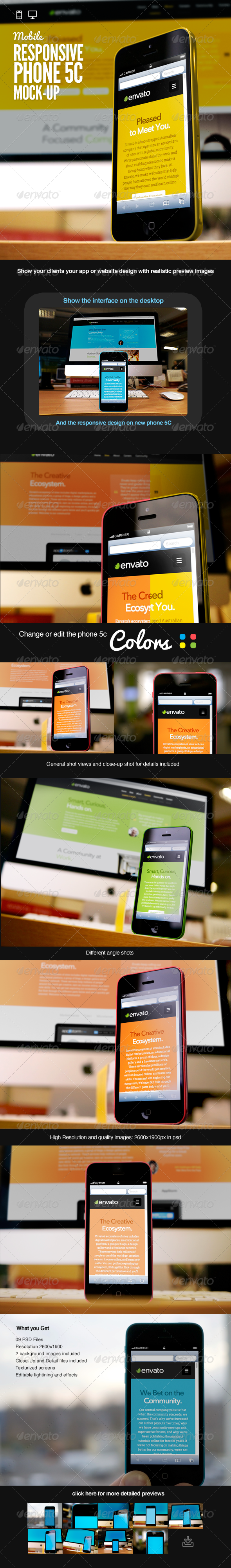 Responsive Devices Phone 5C Desktop Mock-Up - Multiple Displays