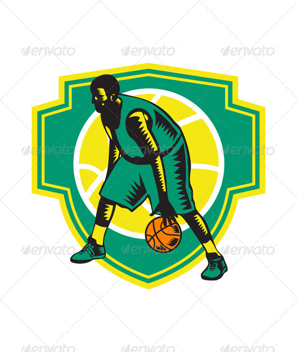 Basketball Player Dribbling Ball Woodcut Shield - Sports/Activity Conceptual