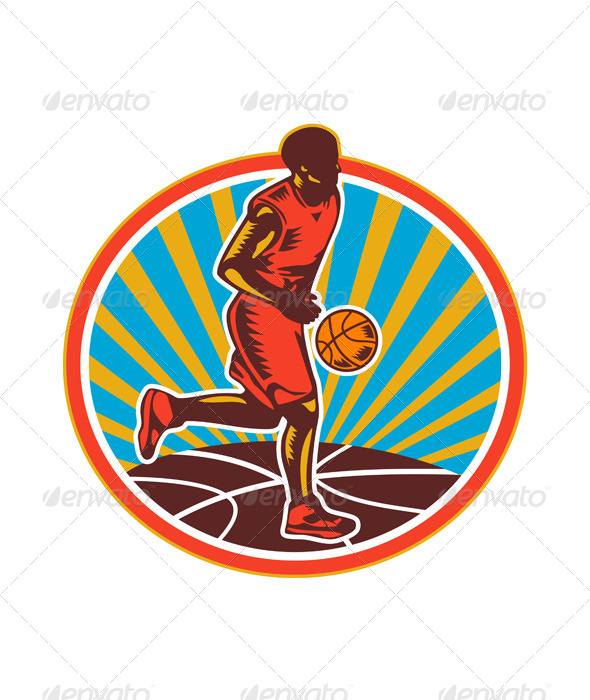 Basketball Player Dribbling Ball Woodcut Retro - Sports/Activity Conceptual