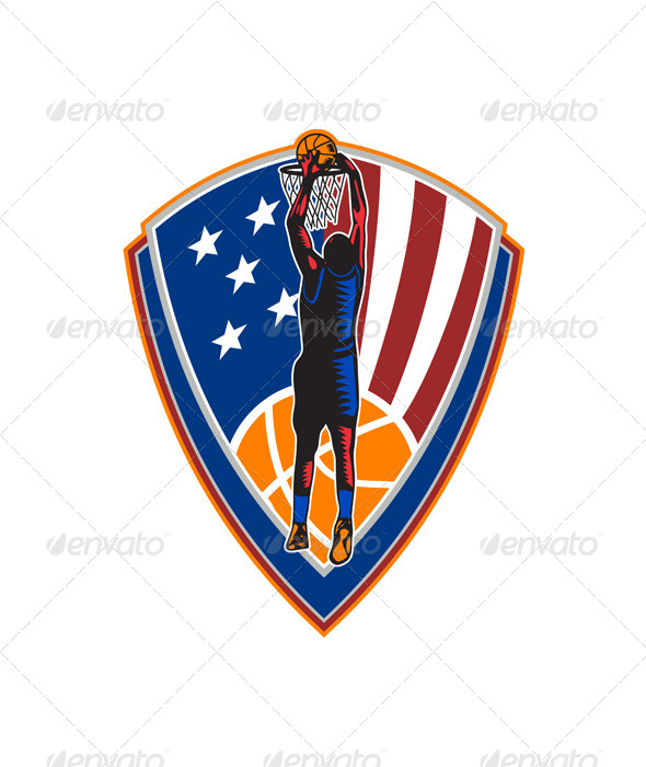 American Basketball Player Dunking Shield Retro - Sports/Activity Conceptual