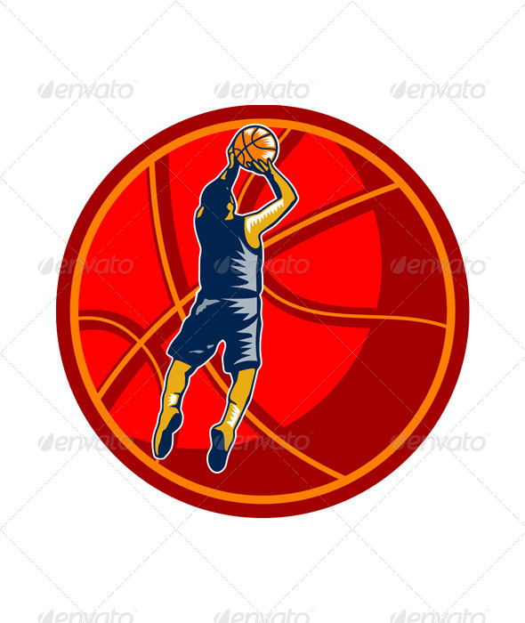 Basketball Player Jump Shot Ball Woodcut Retro - Sports/Activity Conceptual