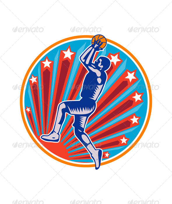 Basketball Player Jump ShotCircle Woodcut - Sports/Activity Conceptual