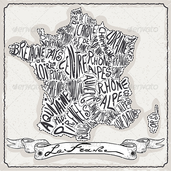 France Map on Vintage Handwriting Page - Decorative Vectors