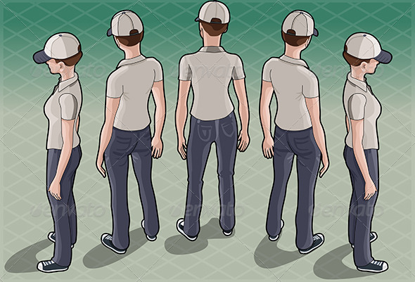 Isometric Service Woman in Five Positions - People Characters