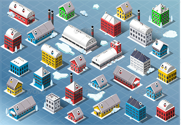 Set of Isometric Building in Winter - Buildings Objects