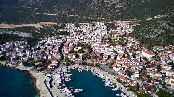 The top view from the drone of Kas resorts, bay, yahts, city in Mugla in Turkey alt