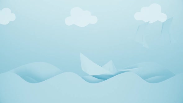 Cartoon Paper Ship And Ocean Blue Kids Background