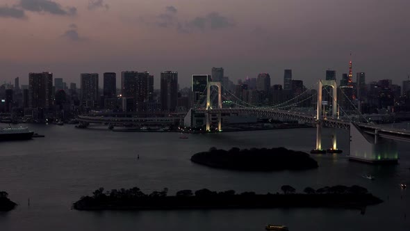 Tokyo Skyline with Tokyo Tower and Rainbow Bridge After Sunset in Tokyo, Japan