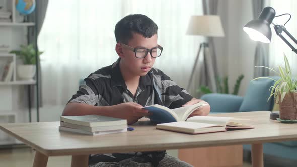 Asia Boy Reading Book At Living Room, Asian Child Learning At Home alt