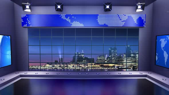 3D Virtual News Studio With Night City Background And Floodlights Loop 4 alt