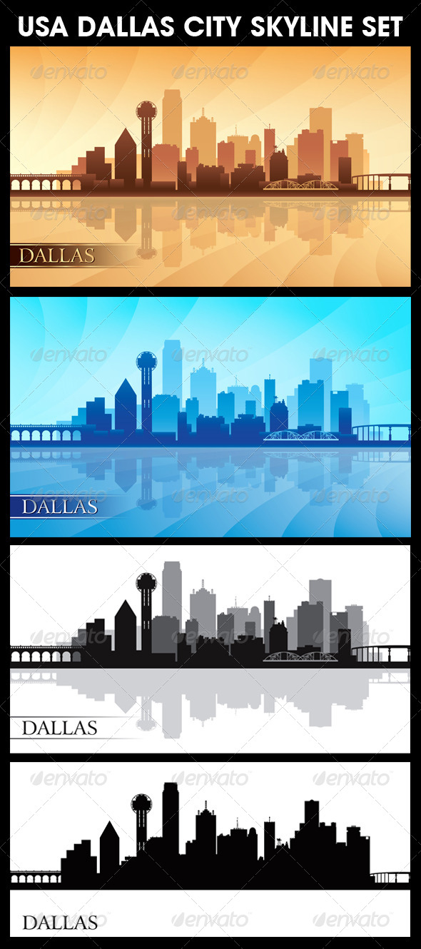Dallas USA City Skyline Silhouettes Set - Backgrounds Decorative