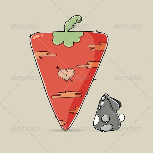Valentine Rabbit Looking at Big Carrot - Valentines Seasons/Holidays