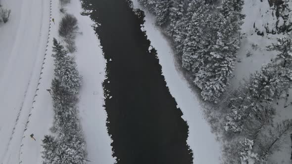 Panoramic View of Forest in the Snowy Mountains with River During Winter Snowfall alt