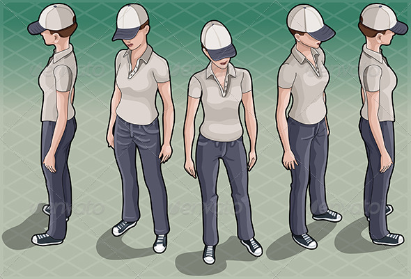 Isometric Service Woman in Five Positions - People Characters