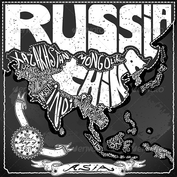 Asia Map on Vintage Handwriting Blackboard - Decorative Vectors