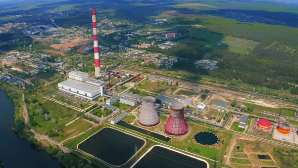 Aerial View of Industrial Area of the City, Drone Flies over Power Plant
