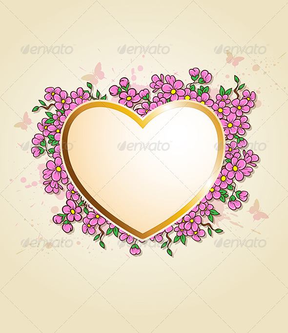 Card with Heart and Pink Flowers - Valentines Seasons/Holidays
