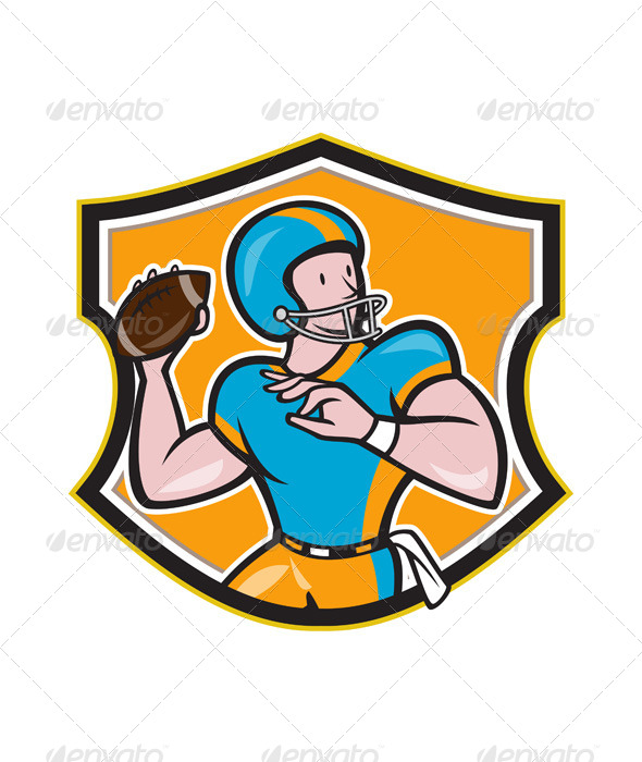 American Football Quarterback Throw Shield Cartoon - Sports/Activity Conceptual