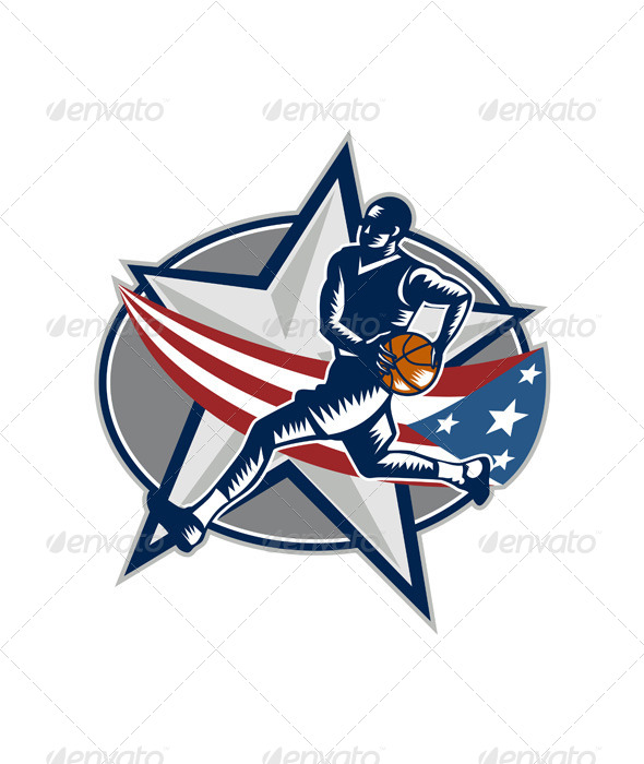 Basketball Player Fast Break Lay-Up Woodcut - Sports/Activity Conceptual