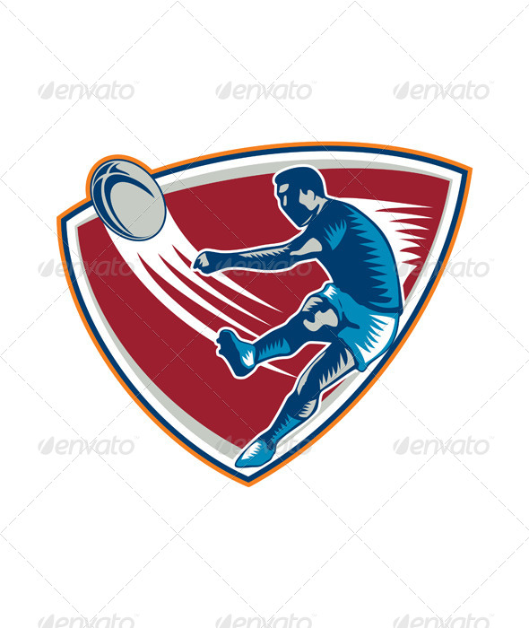 Rugby Player Kicking Ball Shield Woodcut - Sports/Activity Conceptual