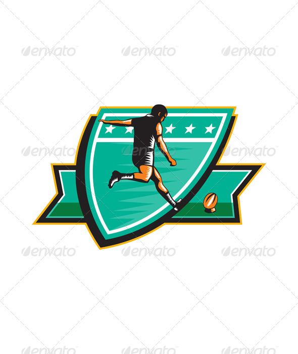 Rugby Player Kicking Ball Shield Retro - Sports/Activity Conceptual