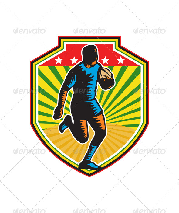 Rugby Player Running Ball Shield Retro - Sports/Activity Conceptual
