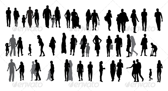 Set of Silhouette Walking People and Children. - People Illustrations