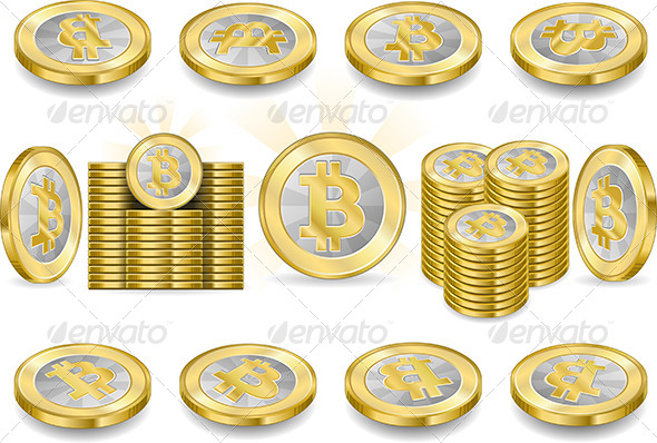 Set of One Bitcoins Isolated on White - Business Conceptual