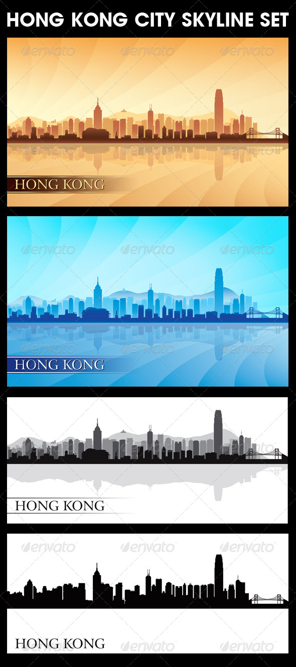 Hong Kong City Skyline Silhouettes Set - Backgrounds Decorative