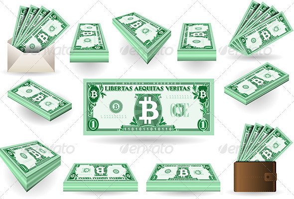 Set of One Bitcoins Banknotes - Business Conceptual
