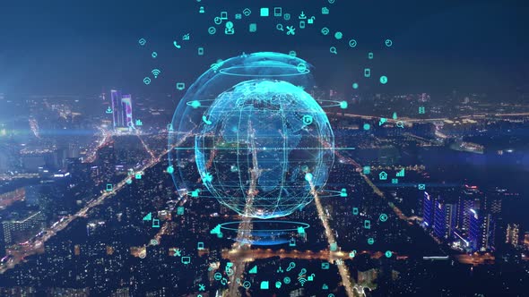 smart Connected city skyline. Futuristic network concept, city Technology. alt