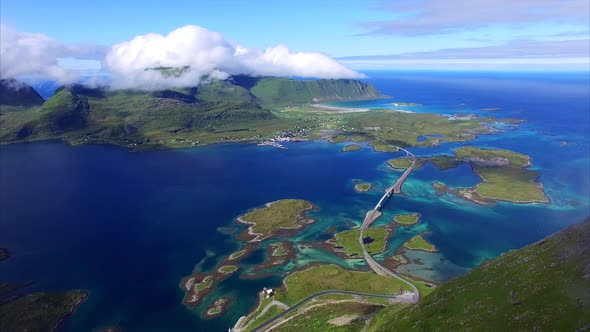 Flight over mountain peak on Lofoten in Norway