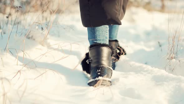 Woman Legs Walking In Snow. Female In Snowy Weather At Cold Temperature Walking Alone. alt
