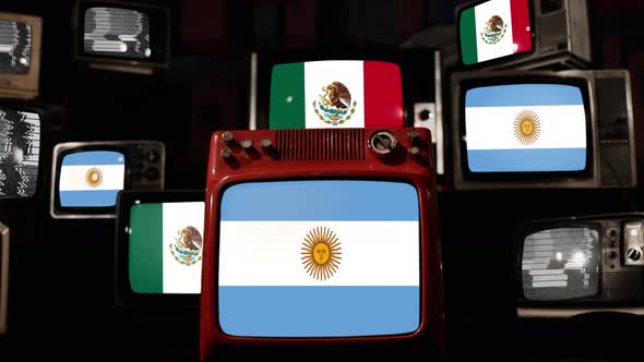 Flags of Mexico and Argentina on Retro TVs. 4K.