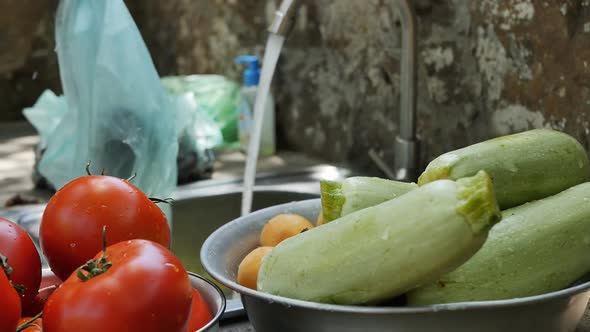 Female Hands Throw Eggplants and Zucchini Out of the Bag Into the Sink of the Sink and Begin to Wash
