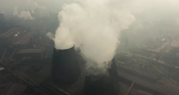 Aerial. Smoke and Steam From Industrial Power Plant. Contamination, Pollution, Global Warming alt