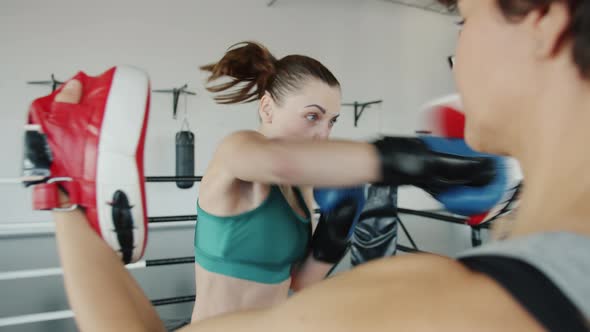 Aggressive Young Woman Boxer Training with Female Partner Punching Indoors in Gym alt