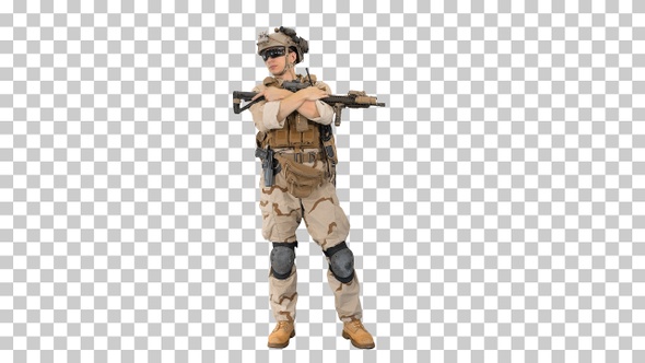 Tired american soldier with a rifle standing, Alpha Channel alt