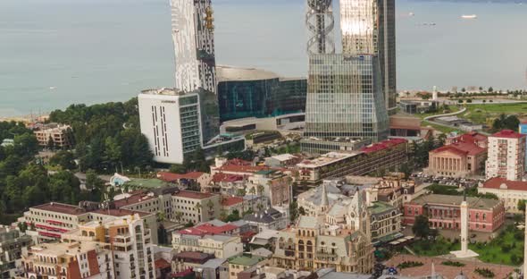 Aerial hyperlapse of Europe Square and Medea Statue in the center of Batumi alt