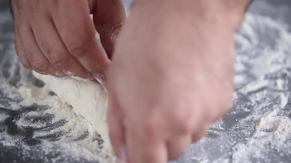 Chef prepares filling for pie with cottage cheese