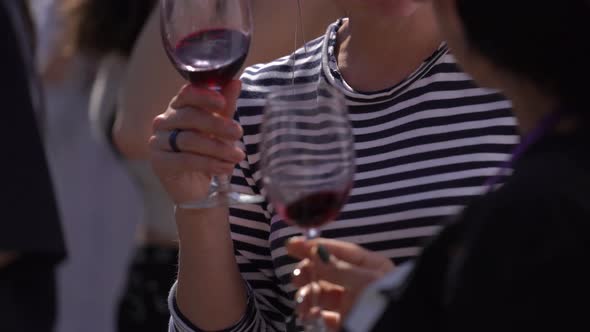 Street festival. Female's hands with  wineglass during party alt
