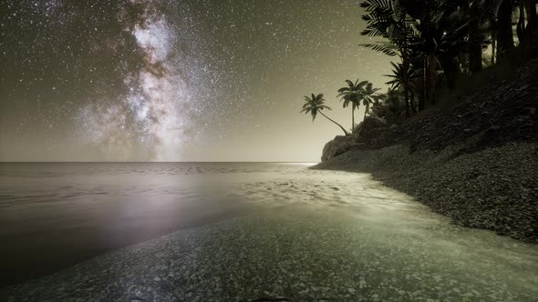 Beautiful Fantasy Tropical Beach with Milky Way Star in Night Skies alt