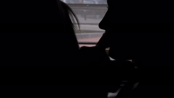 Silhouette of a Girl Makeup Artist in a Beauty Salon While Working with a Client alt