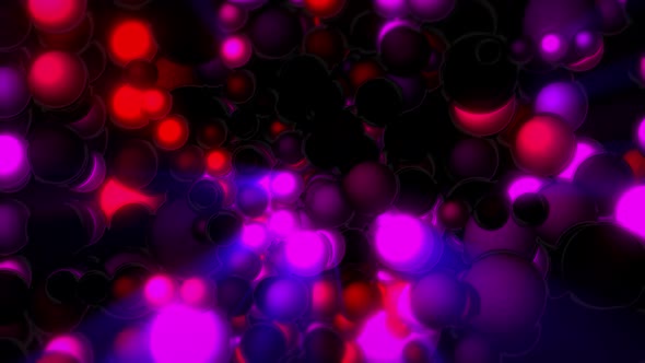 Abstract neon background with spinning spheres randomly blinking neon red and blue light. Black ball