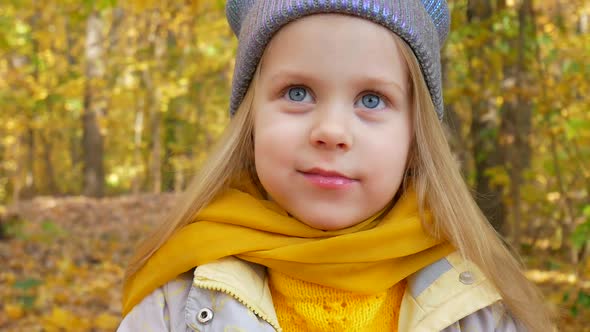 Little Cute Girl in Forest or Park on Background of Yellow Foliage in Fall