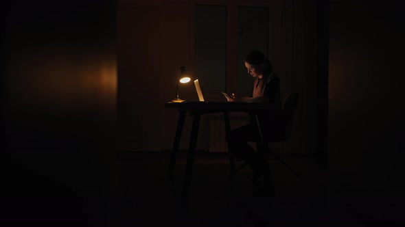 Tired Exhausted Lazy Woman Employee Falling Asleep Using Laptop at Dark Night Workplace with Desk alt