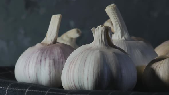 Many Heads of Garlic Rotate Slowly. Close-up. 